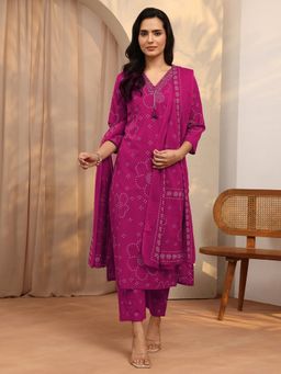 Libas - Pink Printed Cotton Blend Straight Kurta And Pant With Dupatta