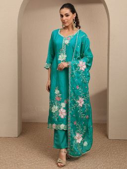 Libas - Teal Embroidered Organza Straight Kurta And Pant With Dupatta