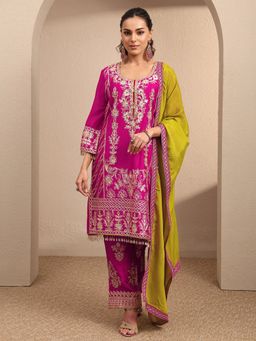 Libas - Pink Embroidered Silk Blend Straight Kurta And Pant With Dupatta
