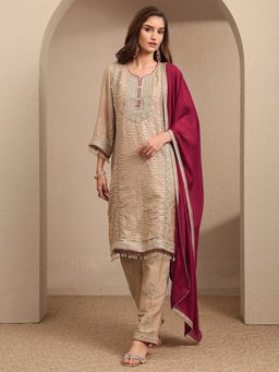 Libas - Beige Embroidered Silk Blend Straight Kurta And Pant With Dupatta