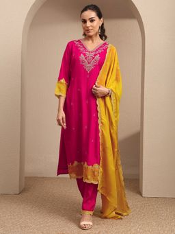 Libas - Pink Embroidered Silk Blend Straight Kurta And Pant With Dupatta