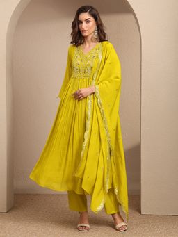 Libas - Green Embroidered Silk Blend A-Line Kurta And Pant With Dupatta