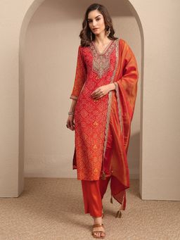 Libas - Orange Printed Silk Blend Straight Kurta And Pant With Dupatta
