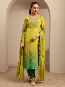 Libas - Green Printed Silk Blend Straight Kurta And Pant With Dupatta