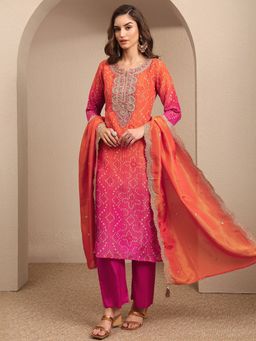 Libas - Orange Printed Silk Blend Straight Kurta And Pant With Dupatta