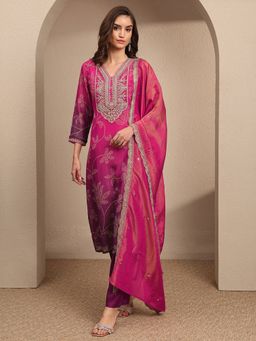 Libas - Pink Printed Silk Blend Straight Kurta And Pant With Dupatta