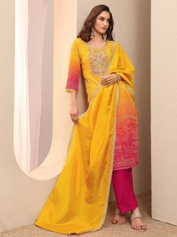 Libas - Mustard Printed Silk Blend Straight Kurta And Pant With Dupatta