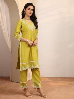 Libas - Green Embroidered Silk Blend Straight Co-Ord Set