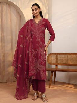 Libas - Maroon Printed Cotton Blend Straight Kurta And Pant With Dupatta