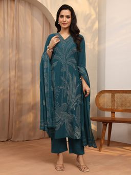 Libas - Teal Printed Cotton Blend Straight Kurta And Pant With Dupatta