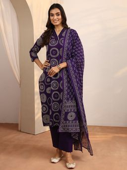 Libas - Purple Printed Cotton Blend Straight Kurta And Pant With Dupatta