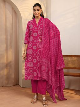 Libas - Pink Printed Cotton Blend Straight Kurta And Pant With Dupatta