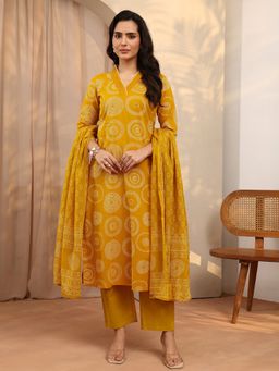 Libas - Mustard Printed Cotton Blend Straight Kurta And Pant With Dupatta