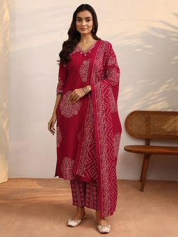 Libas - Maroon Printed Cotton Blend Straight Kurta And Pant With Dupatta