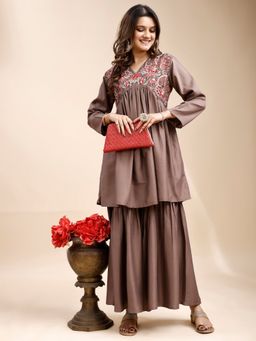Tikhi Imli - Brown Silk Blend With Multi Thread Embroidered Kurta And Sharara