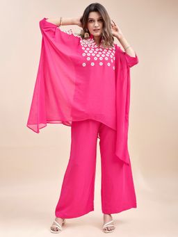 Tikhi Imli - Magenta Pink Georgette Thread Embroidered Kaftan With Palazzo
