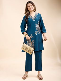 Tikhi Imli - Teal Silk Blend With Zari Work Embroidered A Line Kurti And Pant