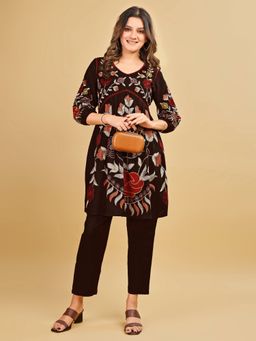 Tikhi Imli - Coffee Brown Rayon With Floral Thread Embroidery Kurta And Pant