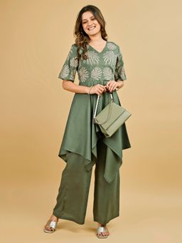 Tikhi Imli - Sage Green Silk Blend With Thread Work Embroidered Kurta And Palazzo