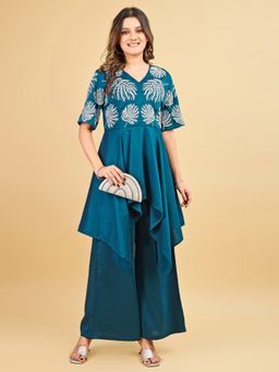 Tikhi Imli - Teal Silk Blend With Thread Work Embroidered Kurta And Palazzo