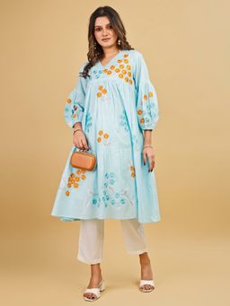 Tikhi Imli - Aqua Pure Cotton With Multi Thread Embroidered Kurta And Pant