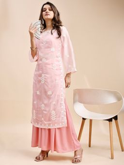 Tikhi Imli - Pink Silk Blend With Thread Work Embroidered Kurta With Palazzo And Inner