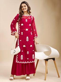 Tikhi Imli - Maroon Silk Blend With Thread Work Embroidered Kurta And Palazzo With Inner