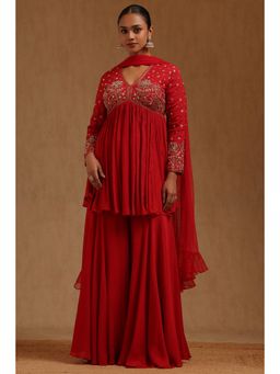 Soch - Womens Red Chinon Hand Embroidered Kurta And Sharara With Dupatta
