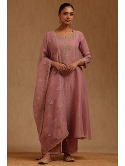 Soch - Womens Onion Pink Tissue Zari Embroidered Kurta And Palazzo With Dupatta