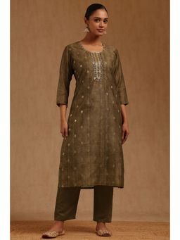 Soch - Womens Olive Chanderi Woven Design With Cutwork Kurta And Pant