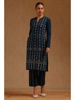 Soch - Womens Blue Acrylic Ethnic Motifs Winter Kurta And Pant