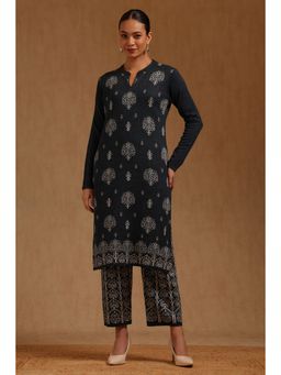 Soch - Womens Navy Blue Acrylic Ethnic Motifs Winter Kurta And Pant