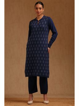 Soch - Womens Navy Blue Acrylic Ethnic Motifs Winter Kurta And Pant