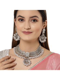 Karatcart - Oxidised Silver Tassel Pearl Kundan Choker Necklace Set for Women (Set of 2)