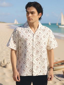 Club York - Men Off White Cotton Printed Slim Fit Shirt