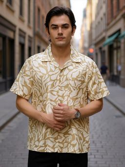 Club York - Men Beige Cotton Printed Slim Fit Shirt