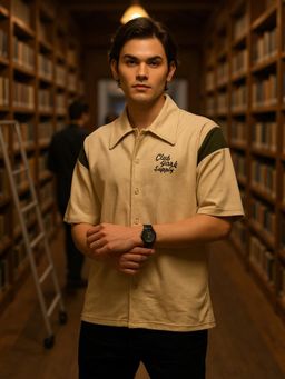 Club York - Men Beige Cotton Embroidered Slim Fit Shirt