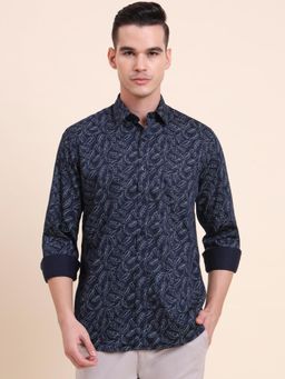 Greenfibre - Men Navy Blue Pure Cotton Printed Slim Fit Shirt