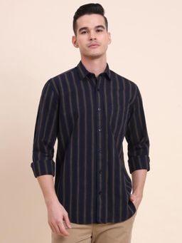 Greenfibre - Men Navy Blue Pure Cotton Stripes Slim Fit Shirt