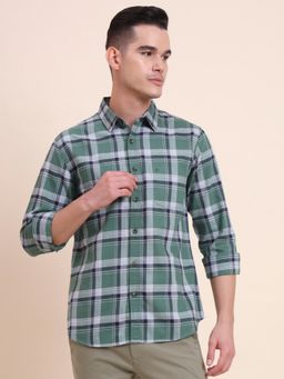 Greenfibre - Men Green Pure Cotton Checks Slim Fit Shirt