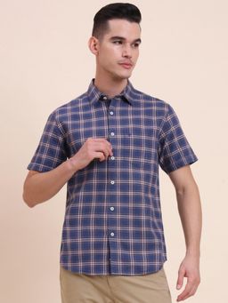 Greenfibre - Men Navy Blue Pure Cotton Checks Slim Fit Shirt