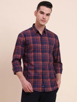 Greenfibre - Men Navy Blue Pure Cotton Checks Slim Fit Shirt