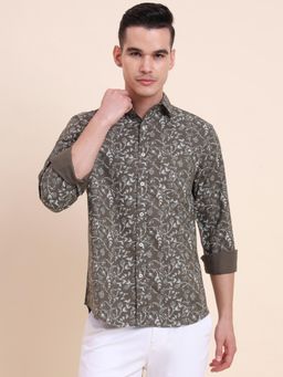 Greenfibre - Men Olive Pure Cotton Printed Slim Fit Shirt
