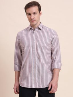 JadeBlue - Men Brown Pure Cotton Stripes Tailored Fit Shirt
