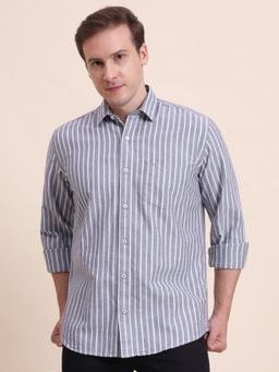 JadeBlue - Men Grey Pure Cotton Stripes Tailored Fit Shirt