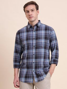 JadeBlue - Men Blue Pure Cotton Checks Slim Fit Shirt