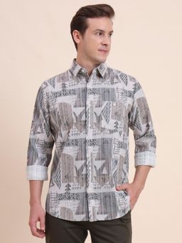 JadeBlue - Men Grey Pure Cotton Checks Slim Fit Shirt