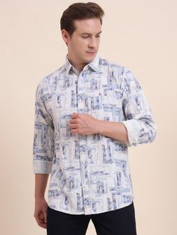 JadeBlue - Men Blue Cotton Blend Printed Slim Fit Shirt