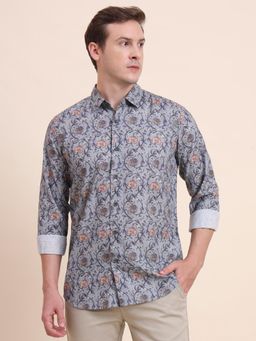 JadeBlue - Men Grey Linen Blend Printed Slim Fit Shirt