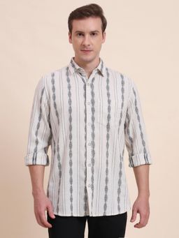 JadeBlue - Men Cream Cotton Blend Stripes Slim Fit Shirt